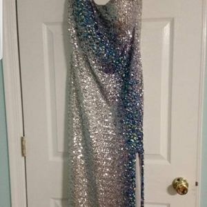 Silver iridescent sequin and beaded gown. Size 8.